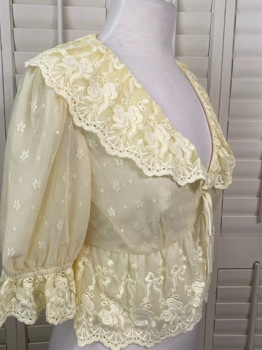 Altar'd State Butter Yellow Lace-Trim Sheer Blouse - Picture 5 of 8